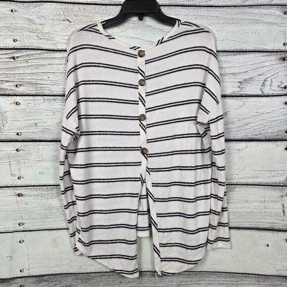 BKE XS Ivory Black Striped Button Tie Back Top - Picture 2 of 5